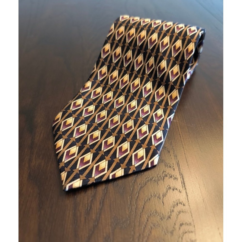 Louis Roth Mens Silk Tie‎ Geometric Pattern Gold Brown Burgundy Black